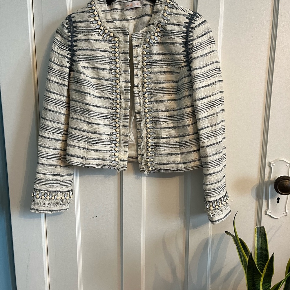 Tory Burch Black and Cream Striped Blazer